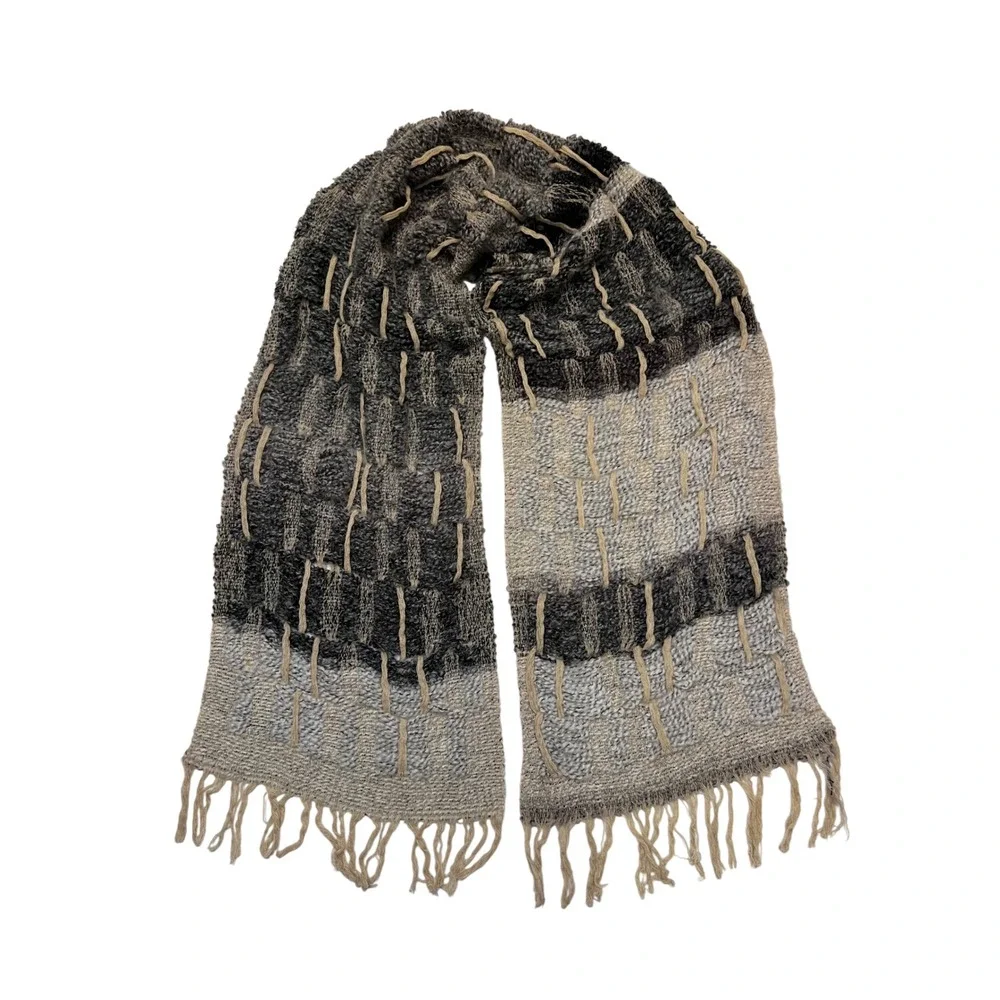 Manifattura Almar Gray Black Made in Italy Wool Blend Textured Knit Fringe Scarf